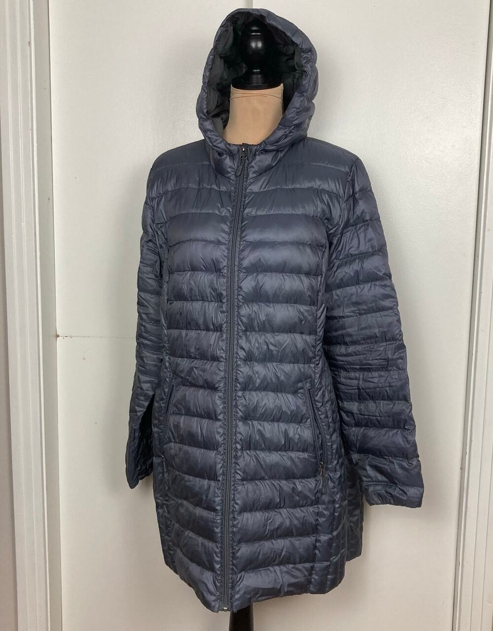 Aventure Lightweight 3/4 Puffer Jacket Coat Women Gray XL? Down Hood Quilted Zip